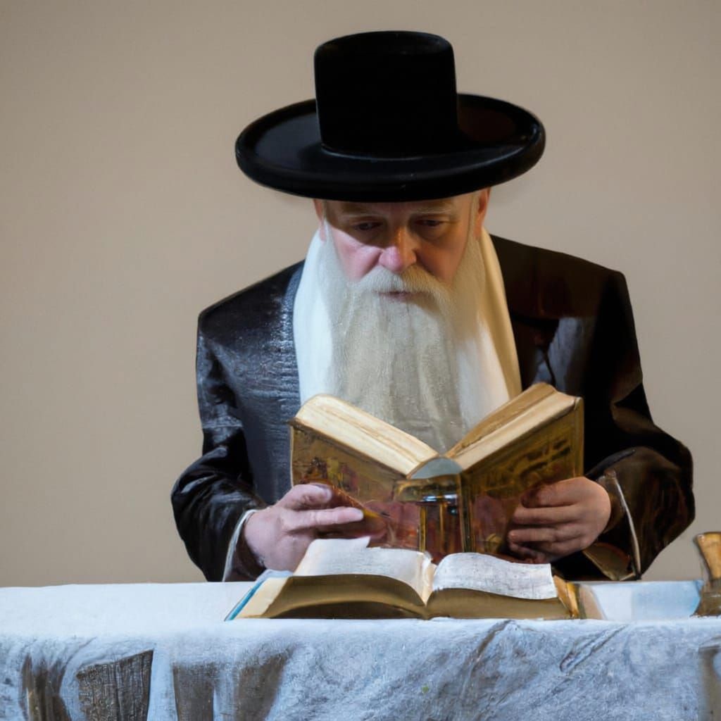 A Hasidic Jew in full Hasidic attire with wigs and a long beard sits and studies Gemara with a Hasidic hat and a small Hasidic tallit