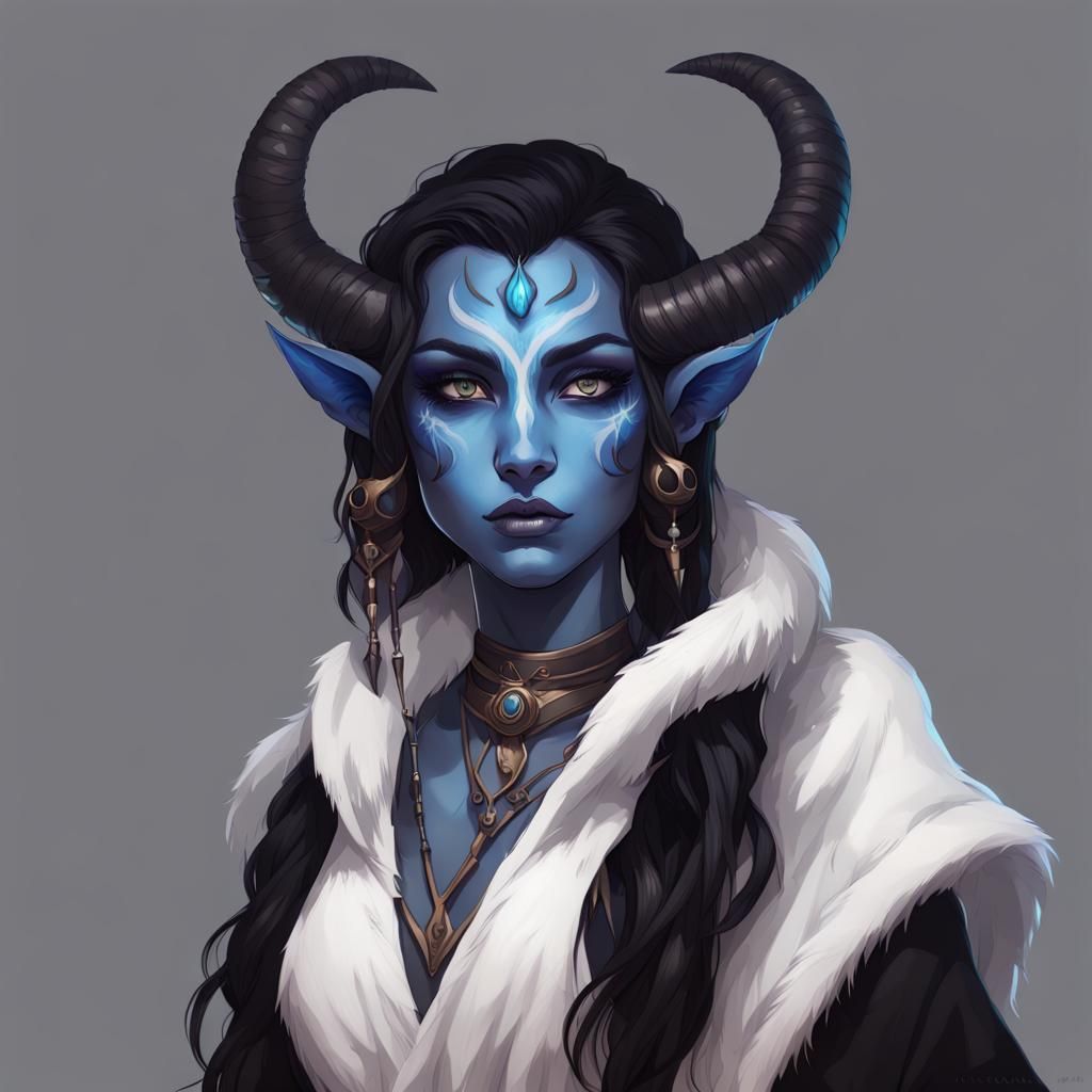 commission, portrait, arcane style, gilr, tiefling, blue skin on a ...