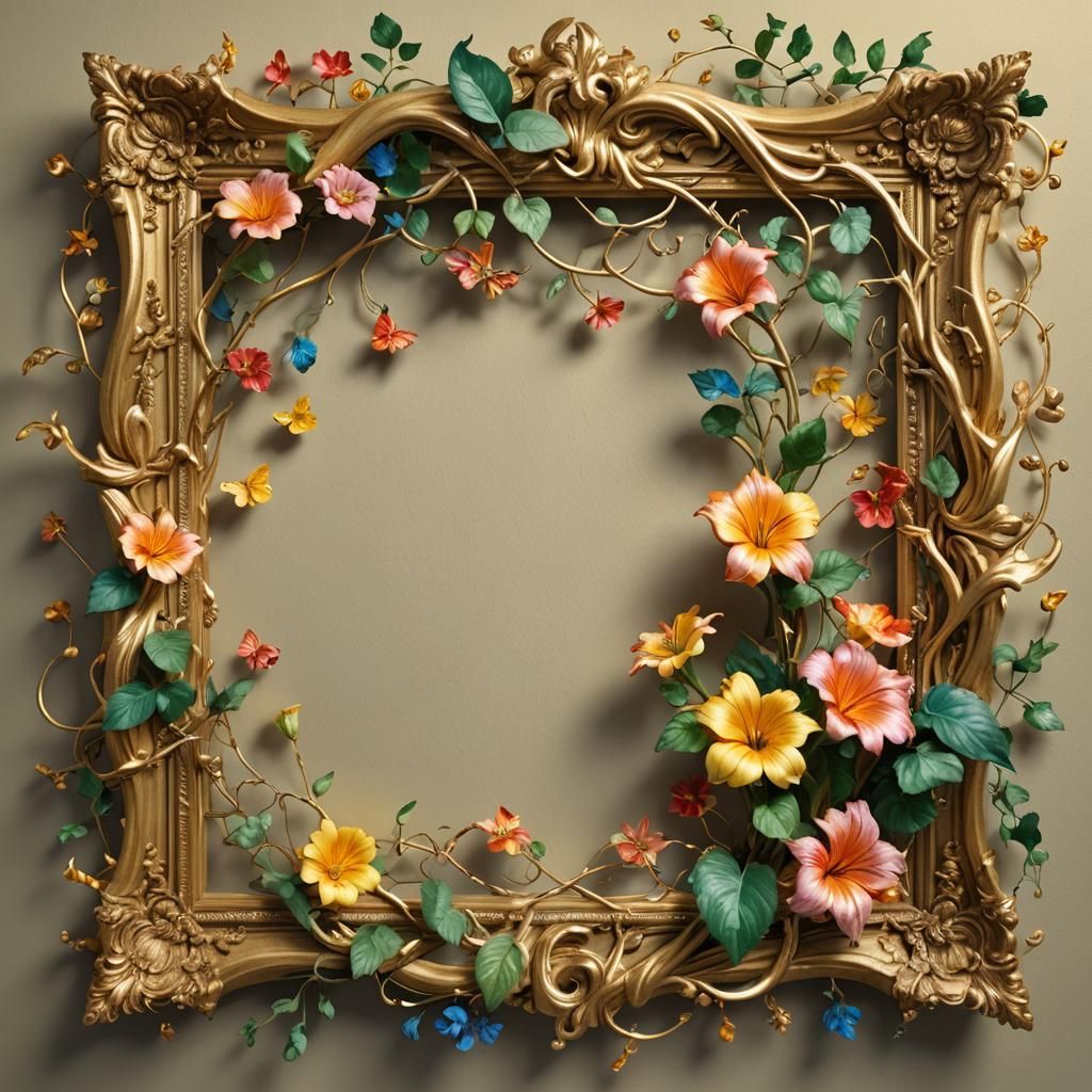 growing four o'clock flower vine entwined around gold gilt p...