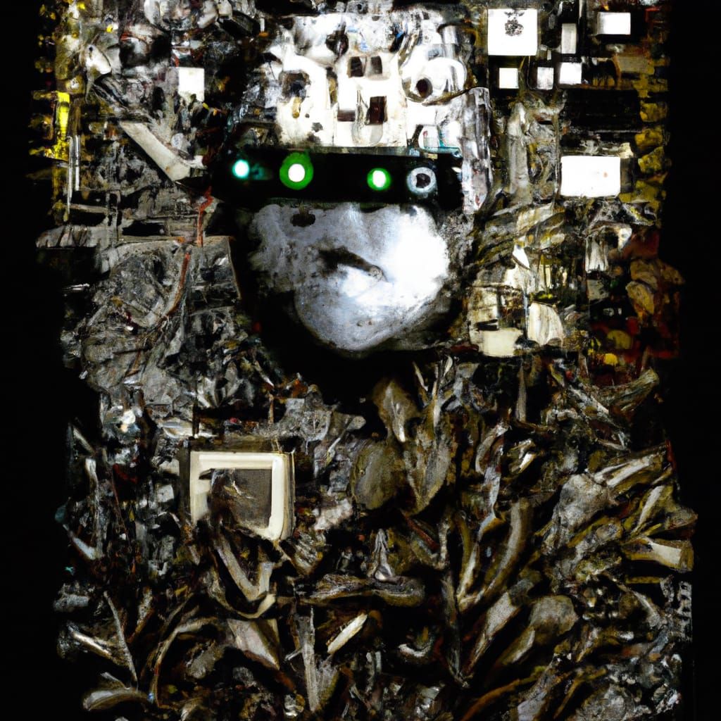 a surreal humanoid figure made of botanical circuit boards in the style of brutalist aesthetics; thick impasto oil paint acrylic brush strok...