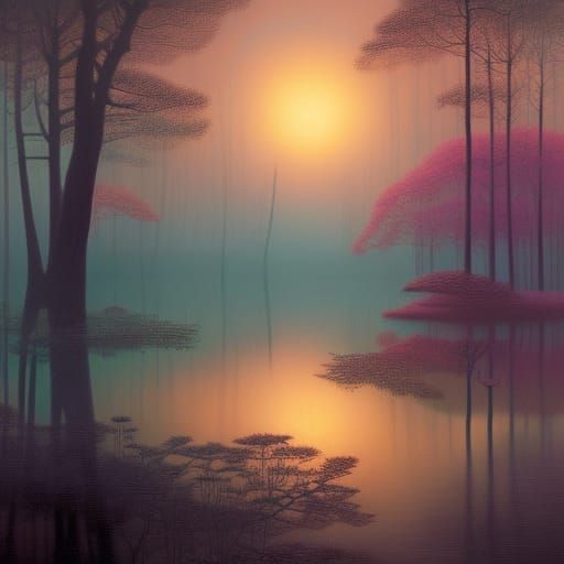 "A beautifully rendered aesthetic expression of foggy swamp,...