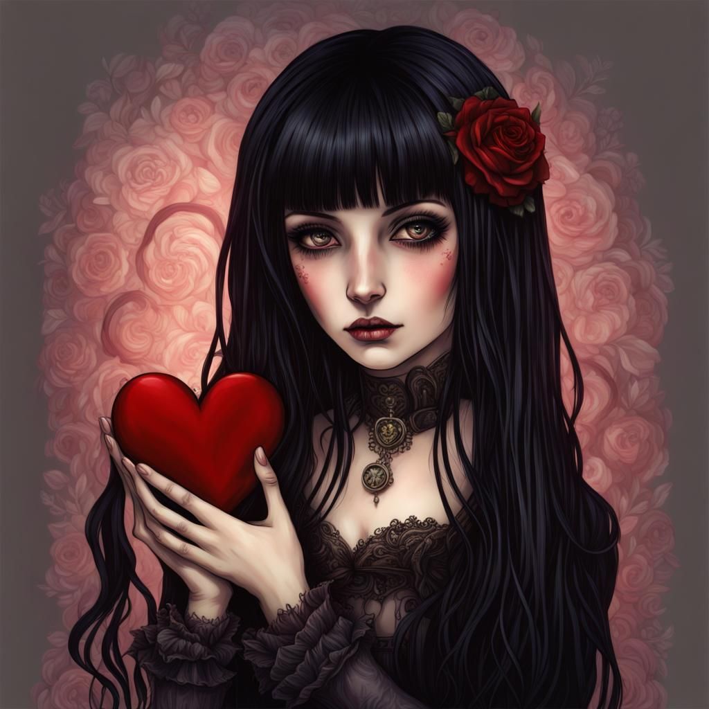 victorian goth with long black  hair and brown eyes,"holding...