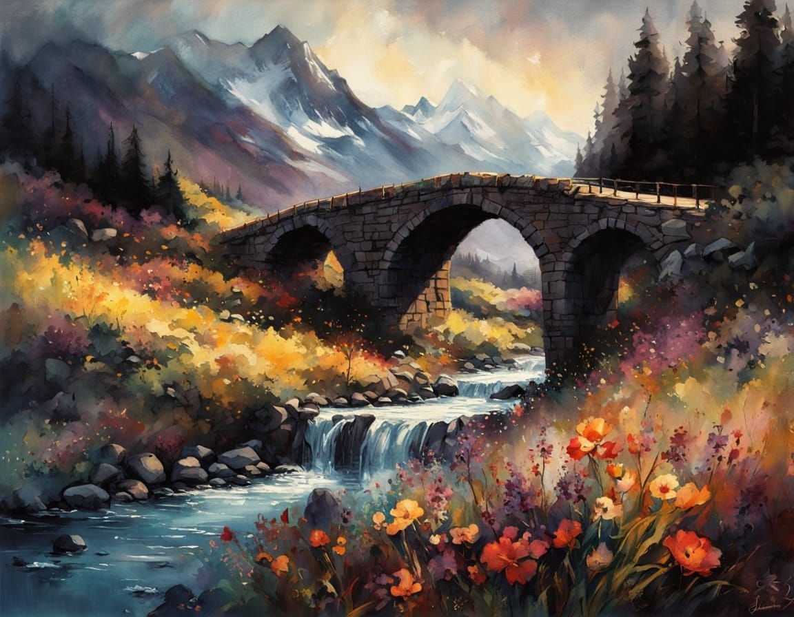 a beautiful old stone bridge over a stream.  by @Ylona