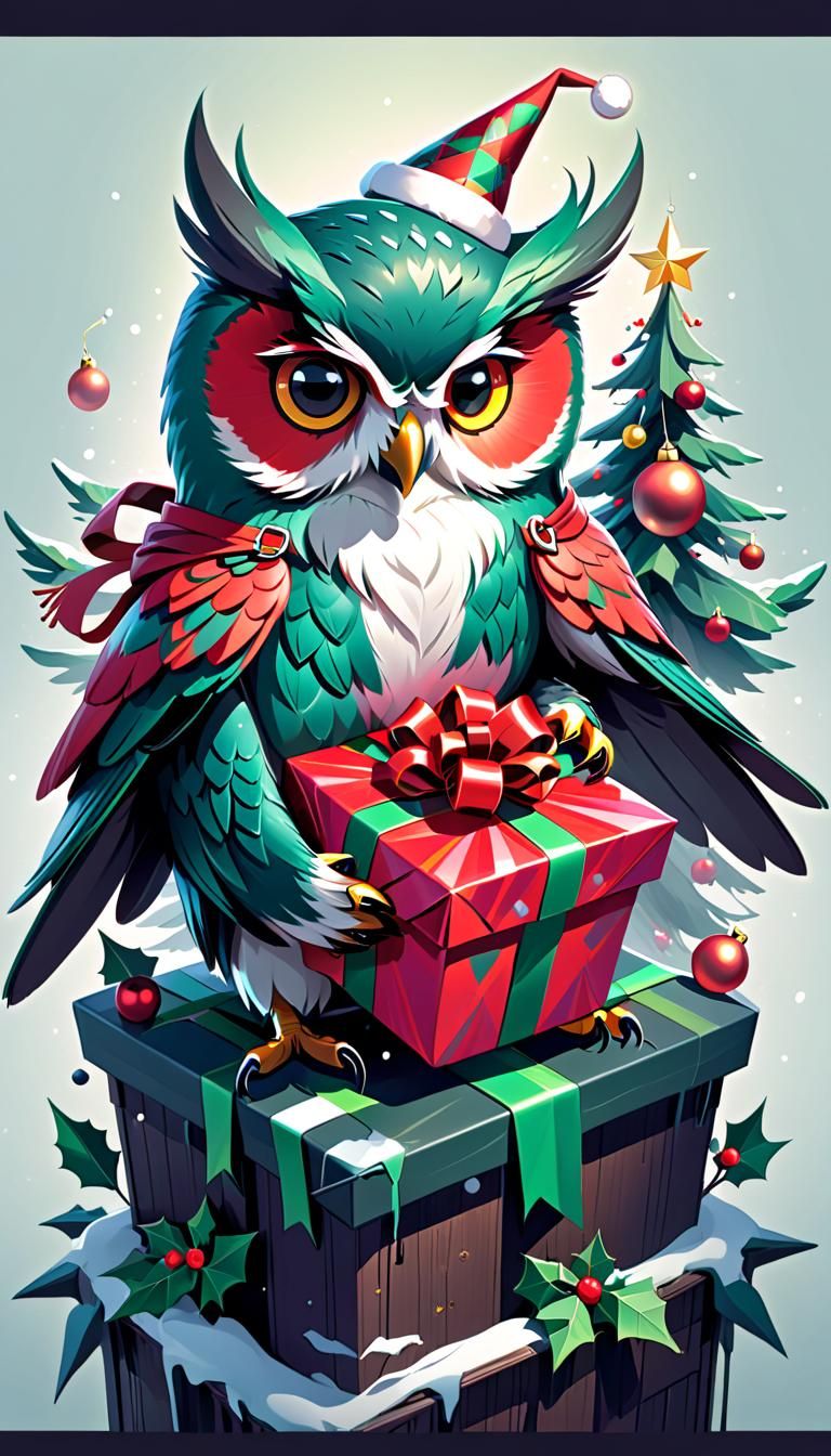 Winged Owlbear Celebrating Christmas  by @Mattagos