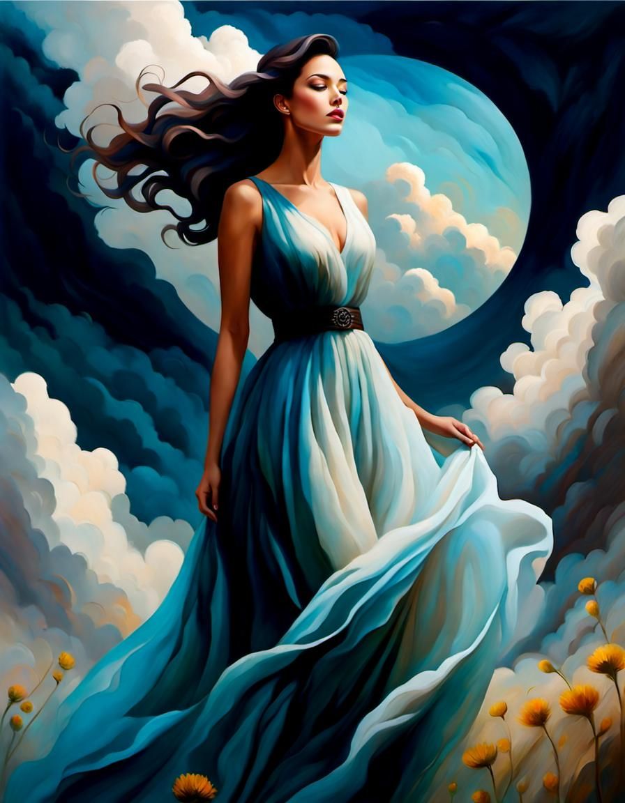 A young woman weightless floating in the clouds, set high ab...