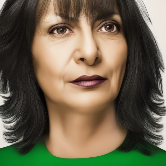 beautiful woman wearing green, in her forties, dark black ha...
