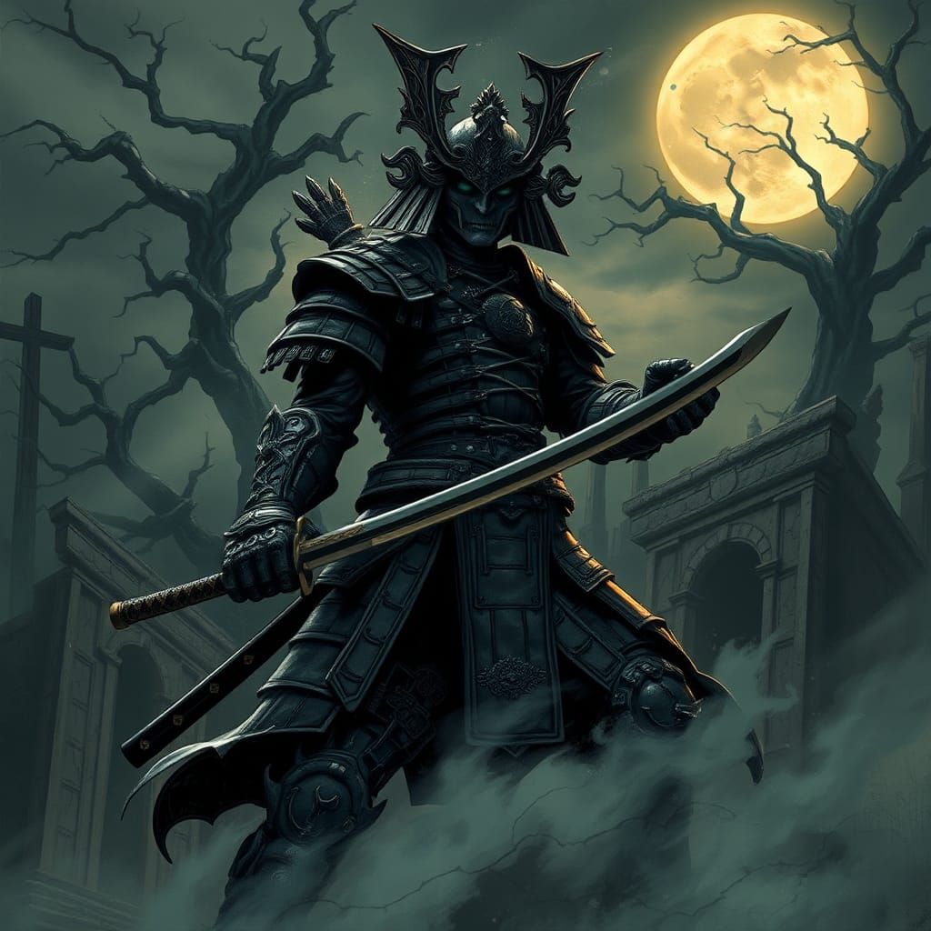 Armored Samurai Warrior in Biomechanical Dark Fantasy Style