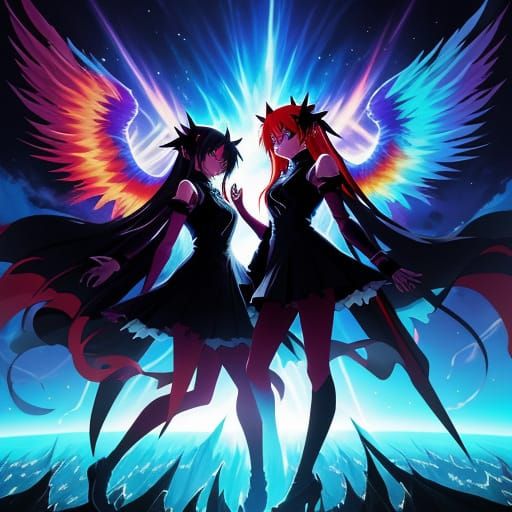 Anime Angel and Demon Sisters in Heaven and Hell