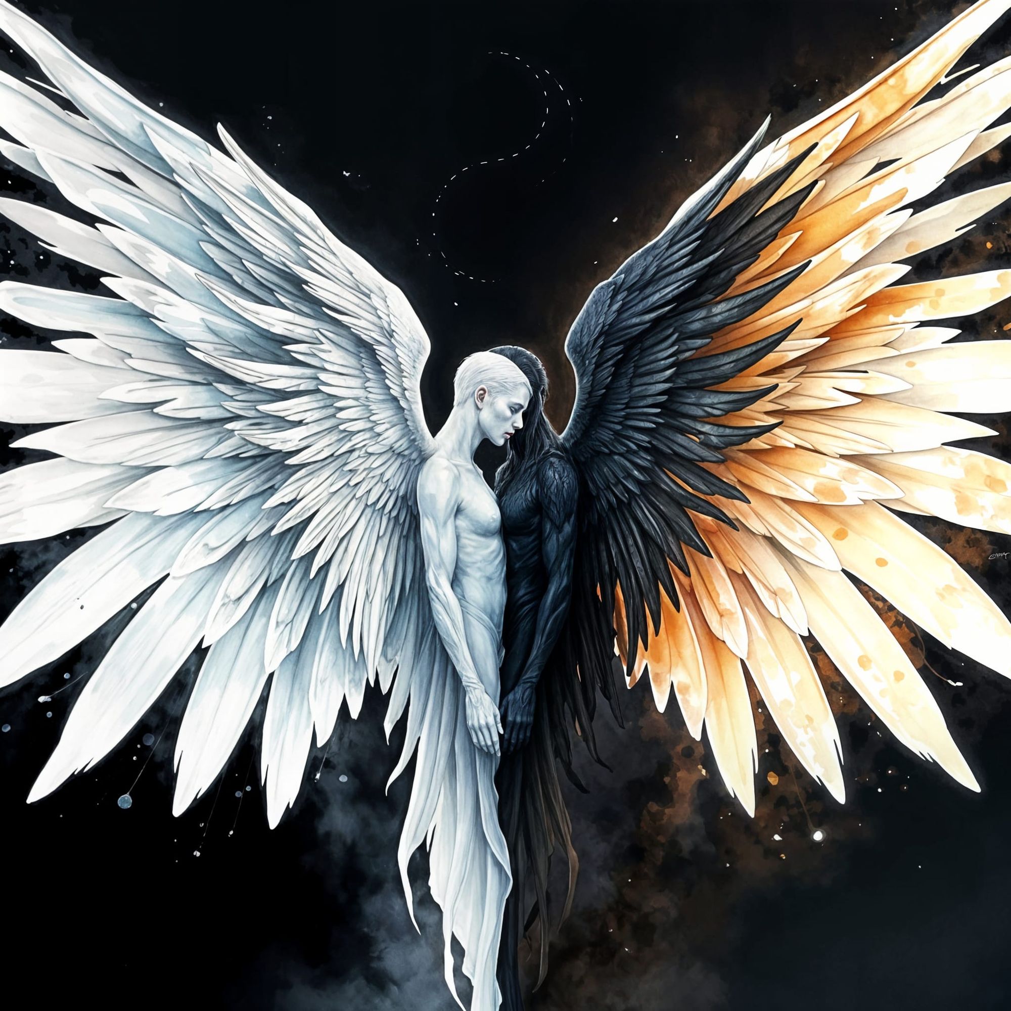 Digital. Watercolor art, alcohol inks by David Mack. Angel with white large wingrs mirror himself as a dark angel with black wings. Yin and ...