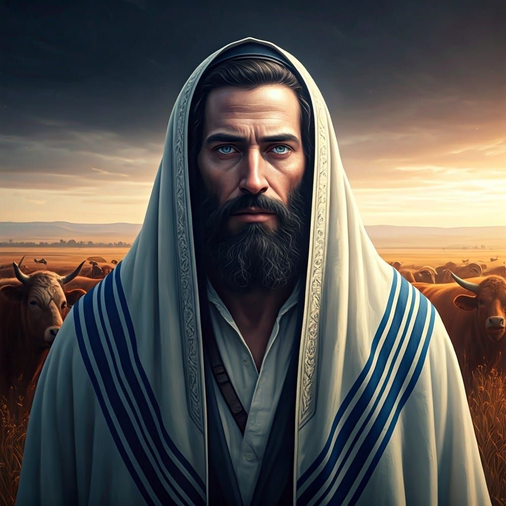 Rural Figure in Contemplative Prayer Amidst Cattle in a Tran...