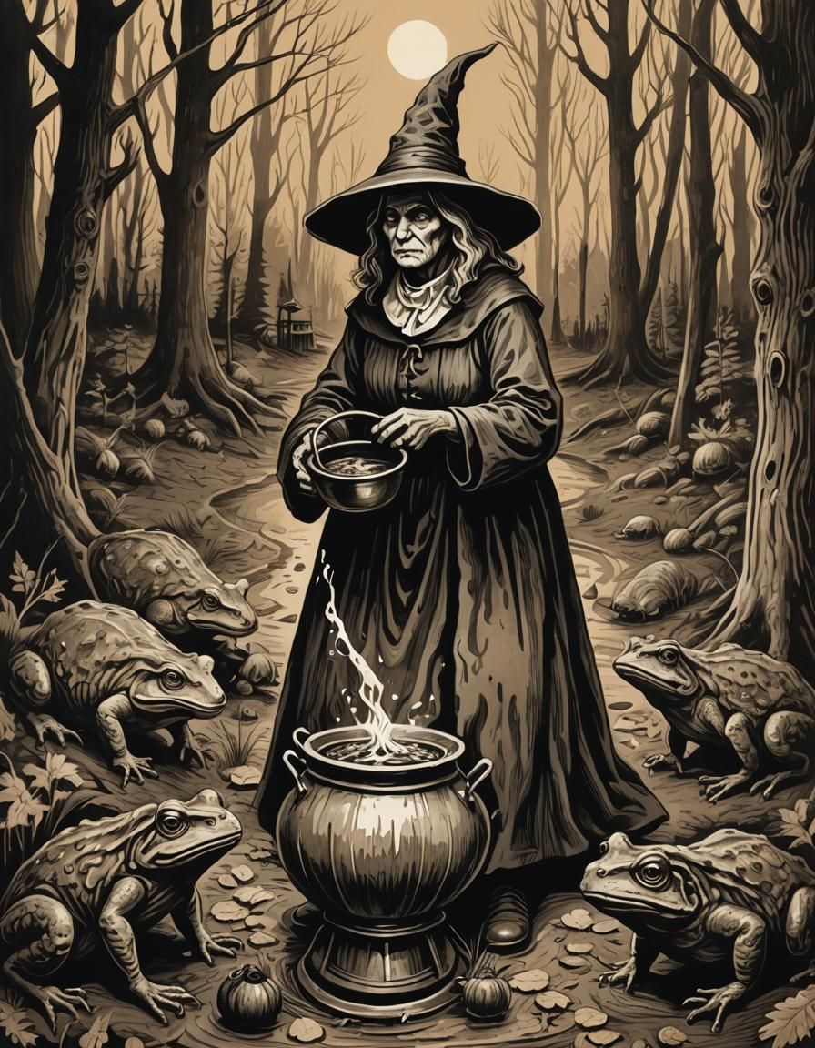 woodcut horror pagan eerie folk art puritan witch with cauldron feeding ...