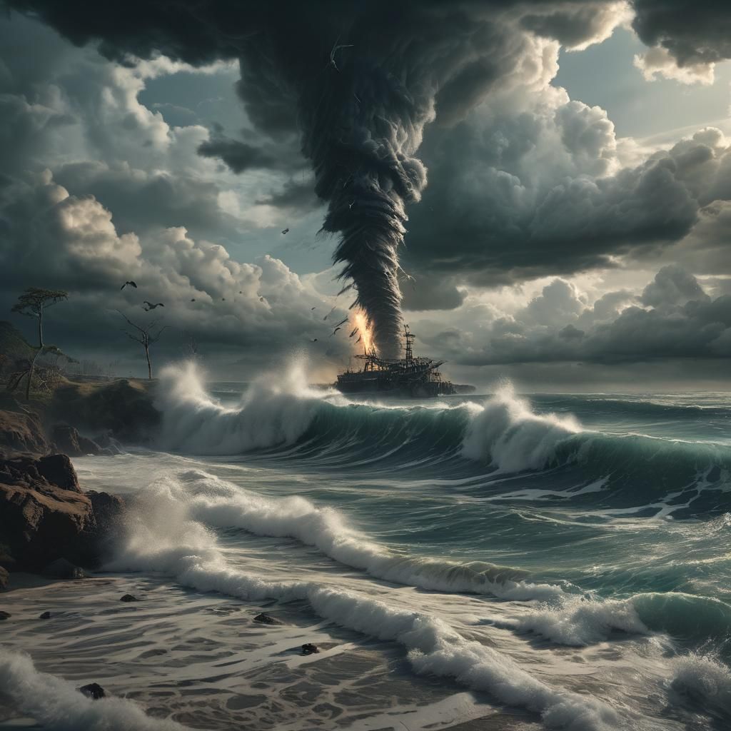 Tornado over ocean, terror on beach