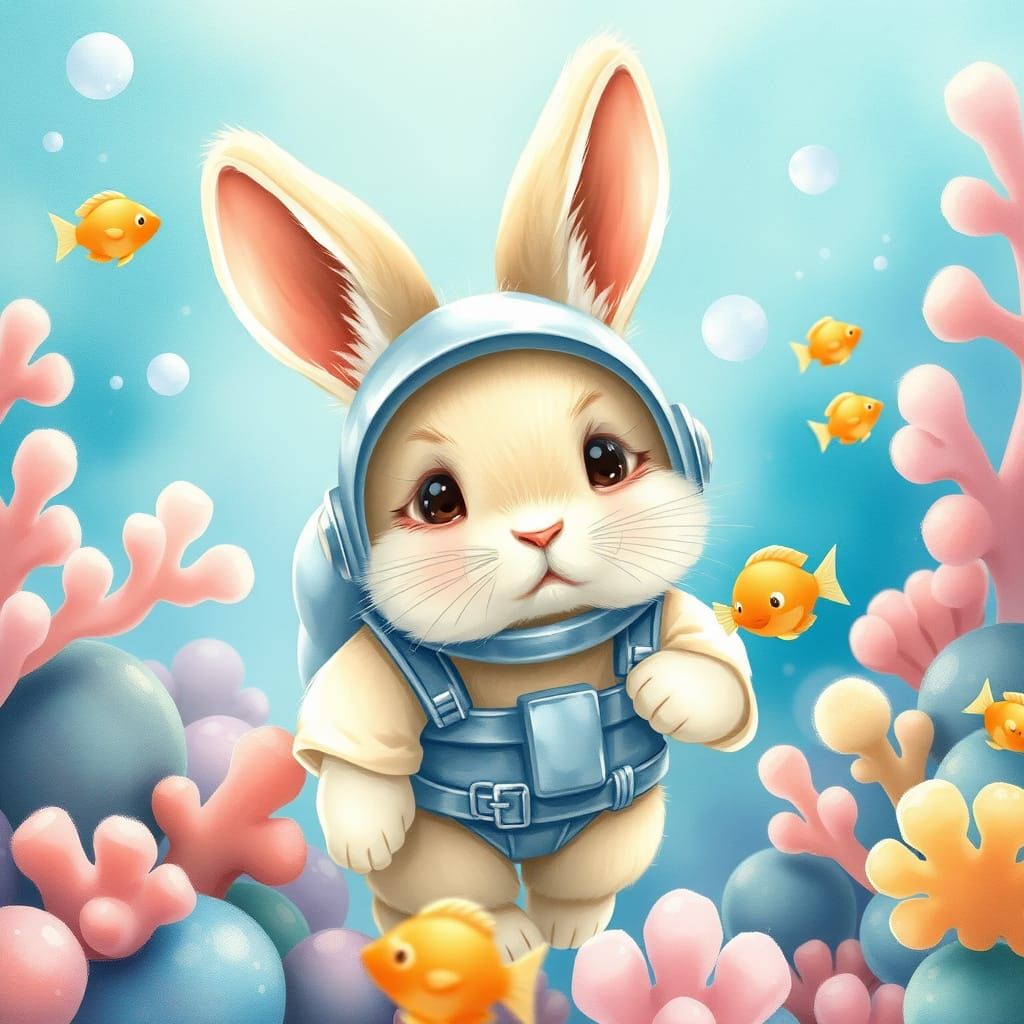 Cute Rabbit Diver in Underwater Candy World, Watercolor Styl...
