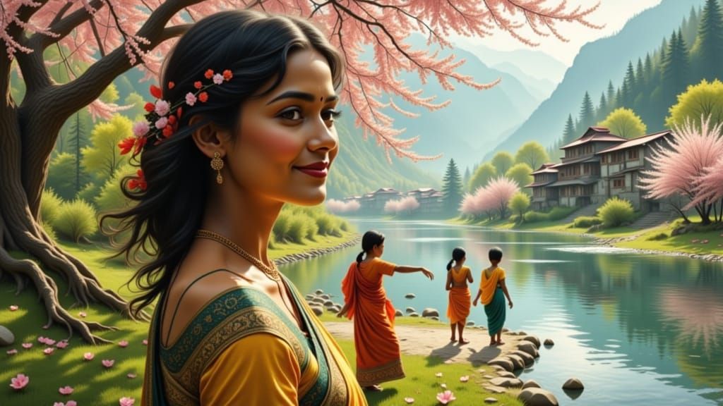 Double Exposure: Closeup inside the Silhouette of an Indian woman happy children play by a river in a village in the Himalayas in spring, im...