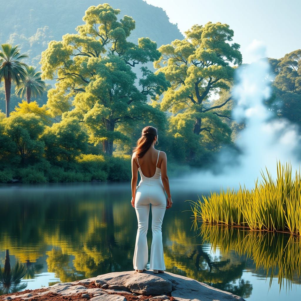 Serene Futuristic Woman in Electric Blue Landscape