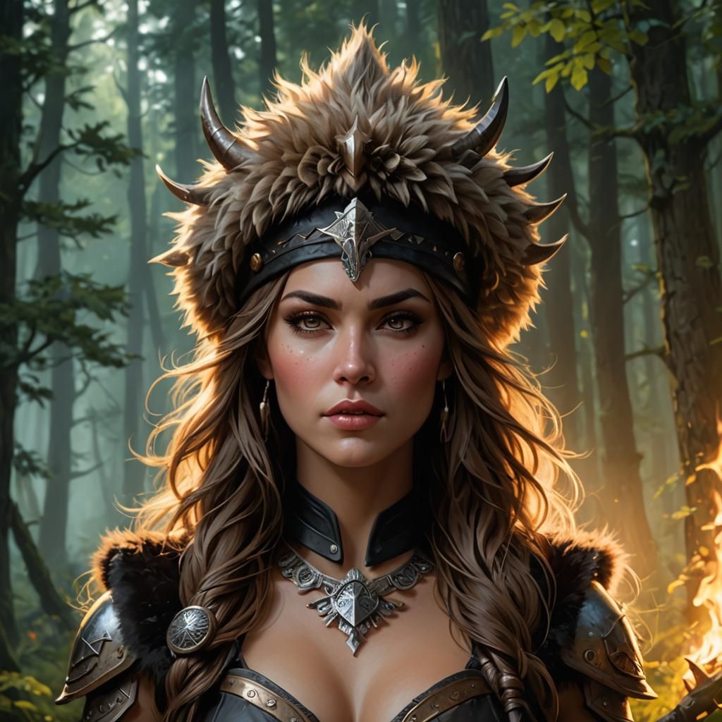 High Fantasy epic attractive female barbarian portrait, fluffy poofy ...