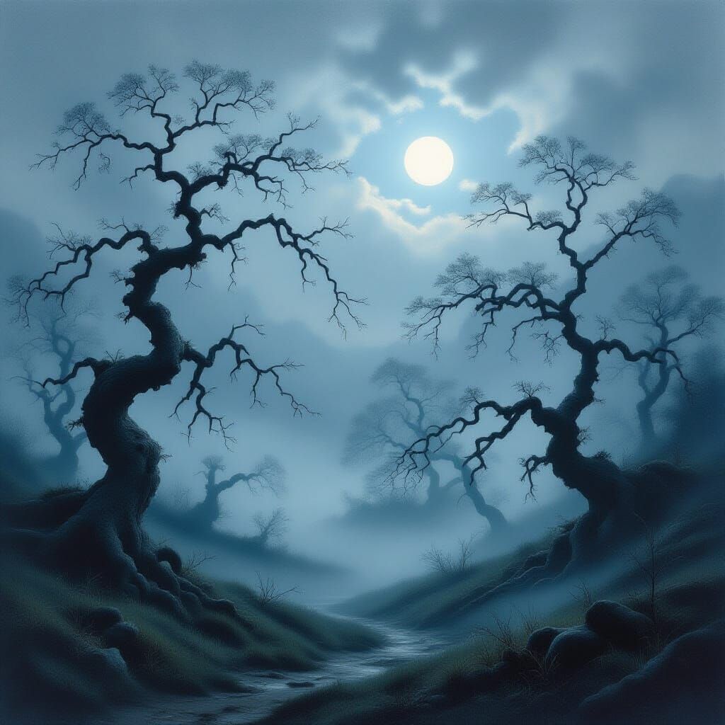 Ethereal Moonlight Landscape with Gnarled Trees