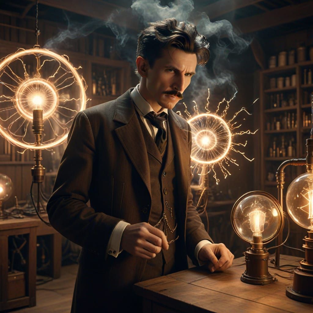 Nikola Tesla in 1891, Tesla Coil, Dystopian, Steampunk, Wireless Electricity   by @Teri Osbourne