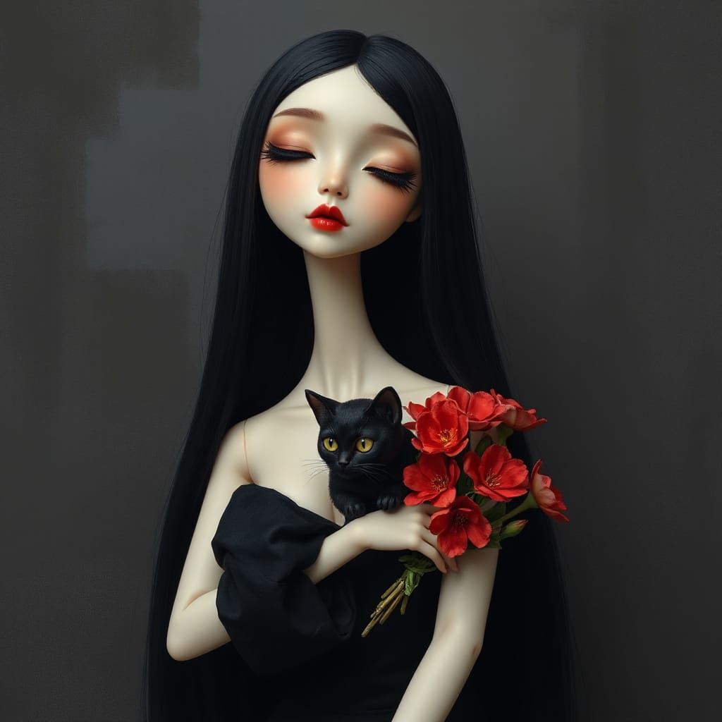 A mesmerizing and serene portrait of a stylized, big-eyed, doll-like figure with a long, graceful neck. ...  by @ANIAMAnJa