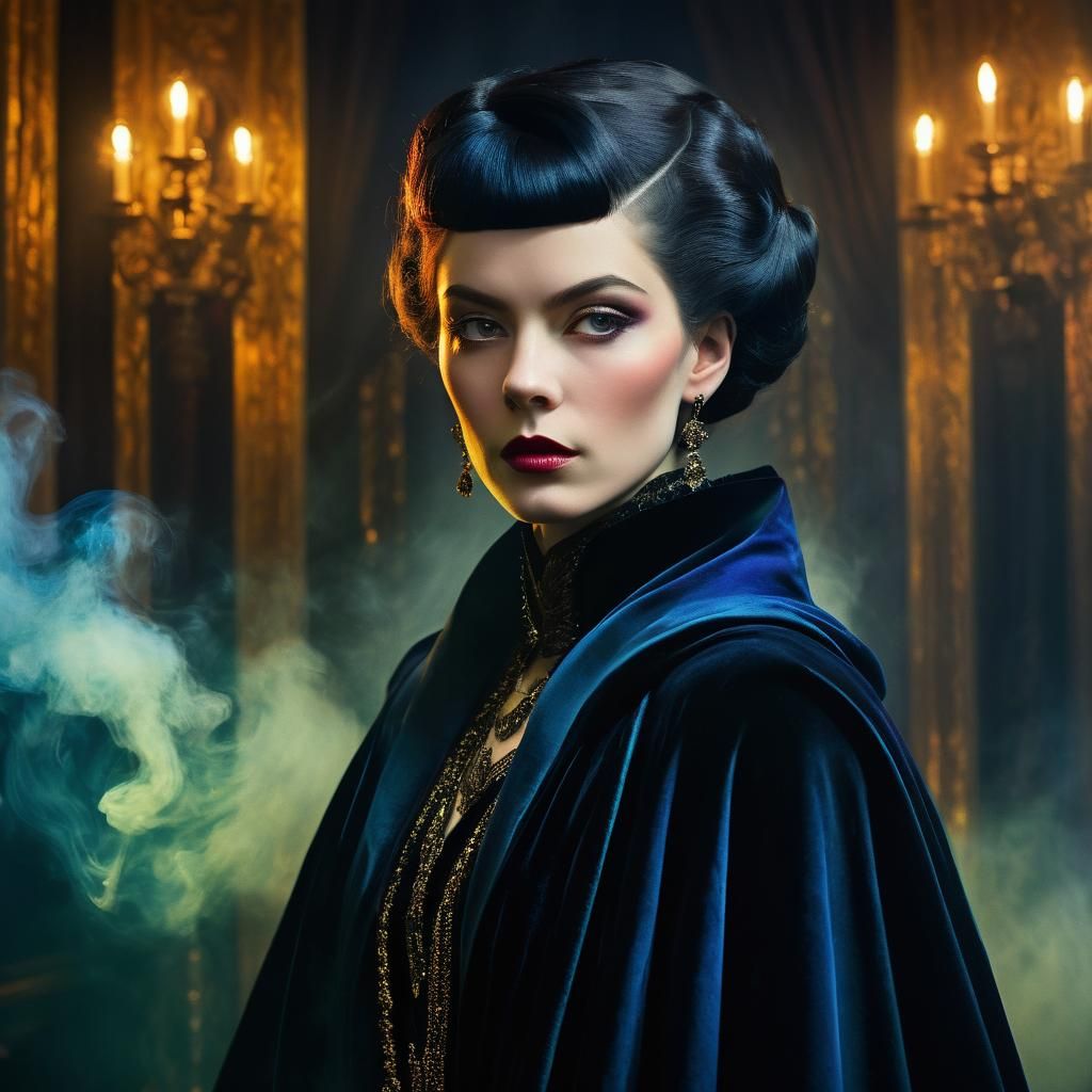 Enigmatic woman with piercing gaze, adorned in a lavish, dar...