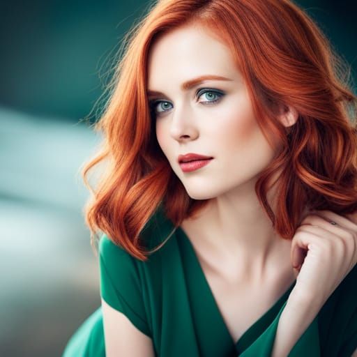 Woman with shoulder length red hair, in cool green flowing dress, green ...