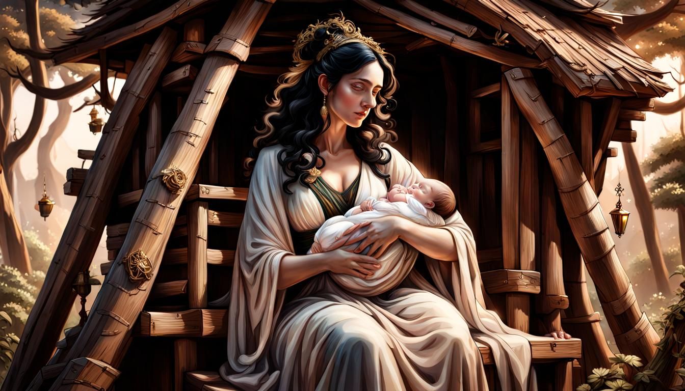 A curvaceous jewish woman with a long face and angular features, long curly black hair, black eyes, pale skin, and aquiline nose wearing a f...