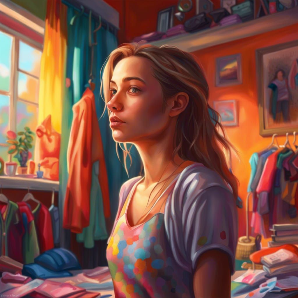 a european girl is in her room. she is looking for what clot...