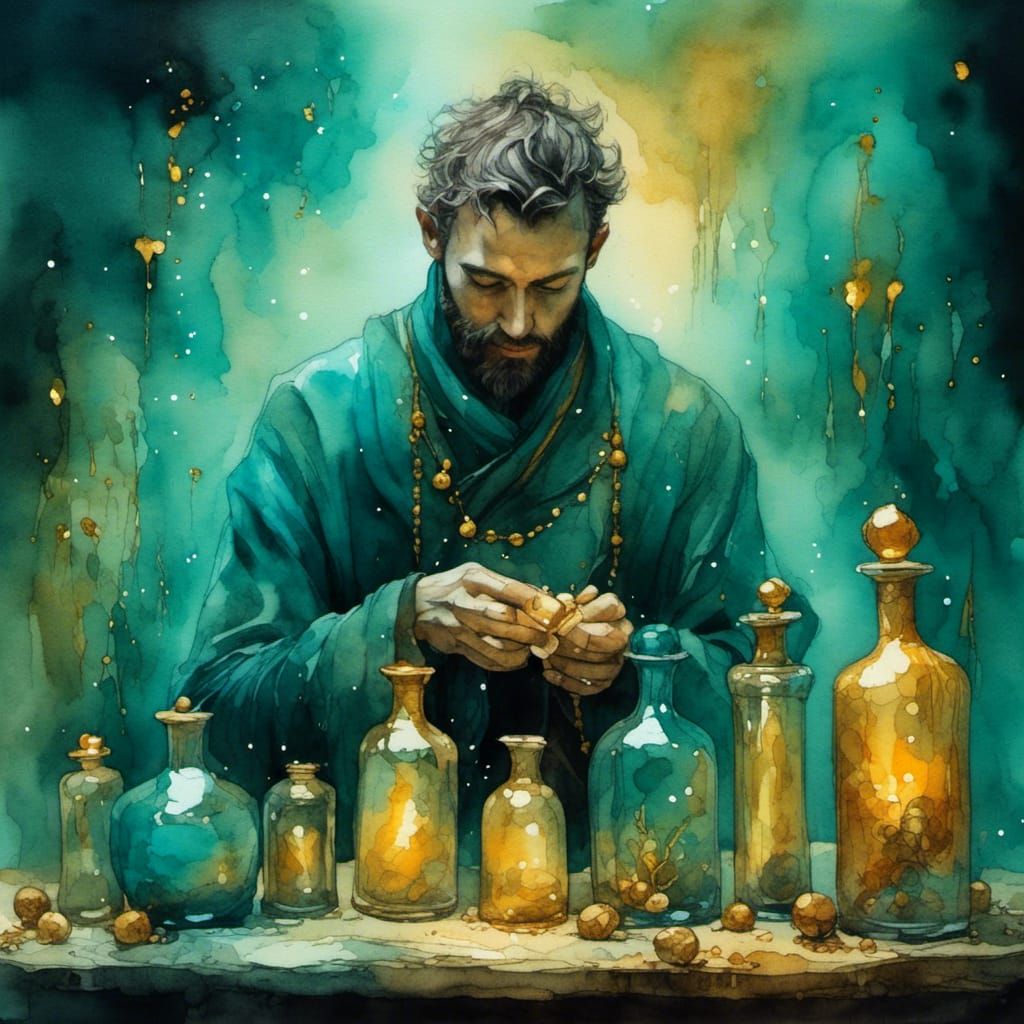 A man, Alchemist creator with your golden wishes in bottles with luminous substances 
Watercolor contemporary colours teal and gold <lora:Le...