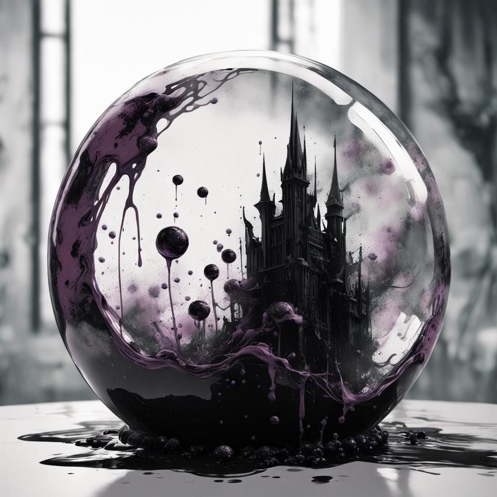 Prompt: Lavish origata bubble glass art piece with a dystopian Avante-garde twist, featuring ink splashes ...  by @Aurora