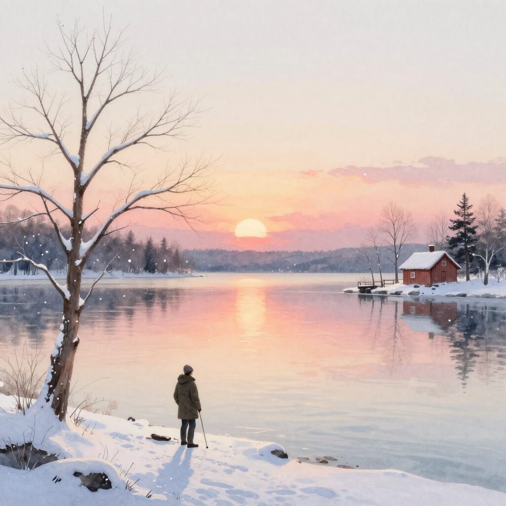 A watercolor illustration of a peaceful winter lake at sunset. Soft snowflakes fall across the scene. ...  by @Observer1