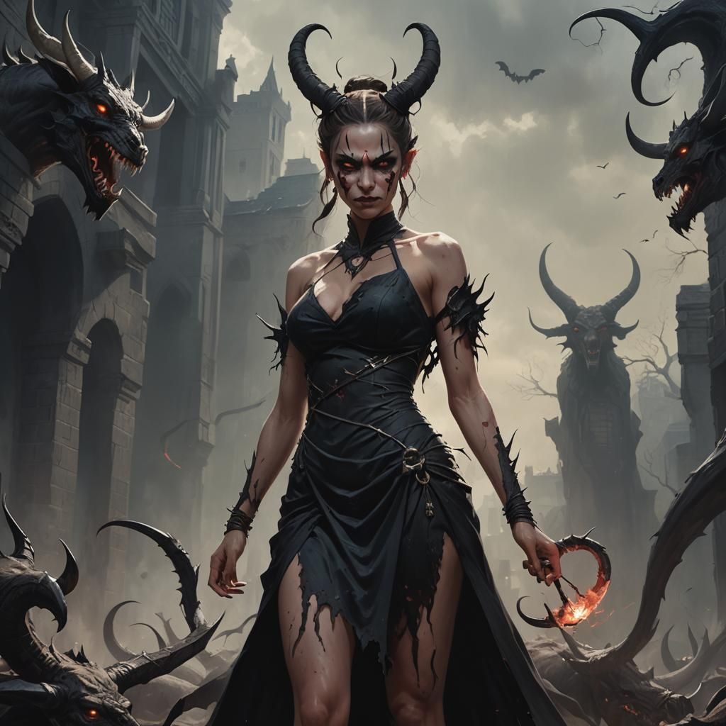 The Tower is a tall, imposing woman, at least a hundred feet taller than the player. She wears a crown and dress, and has illuminating eyes.