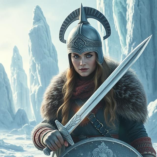 A MAGNIFICENT FEMALE VIKING WARRIOR, WITH A HELMET AND A SWO...