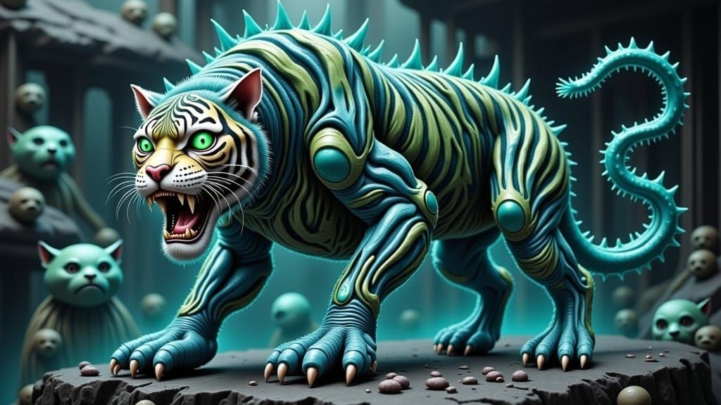 <lora:KittenCarnage 2p0:1.0> a colossal sabertooth-tiger (green eyes, blue/green/indigo and taupe/olive gradient fur,  glowing teal aura) 