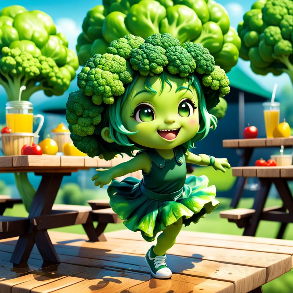 chibi girl with broccoli costume on dancing on picnic table   by @niles cc lover