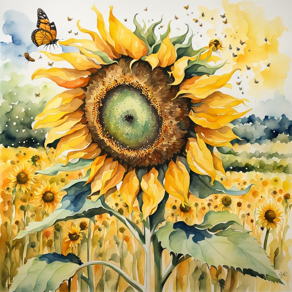 Watercolor of a large sunflower in a field in France with bu...