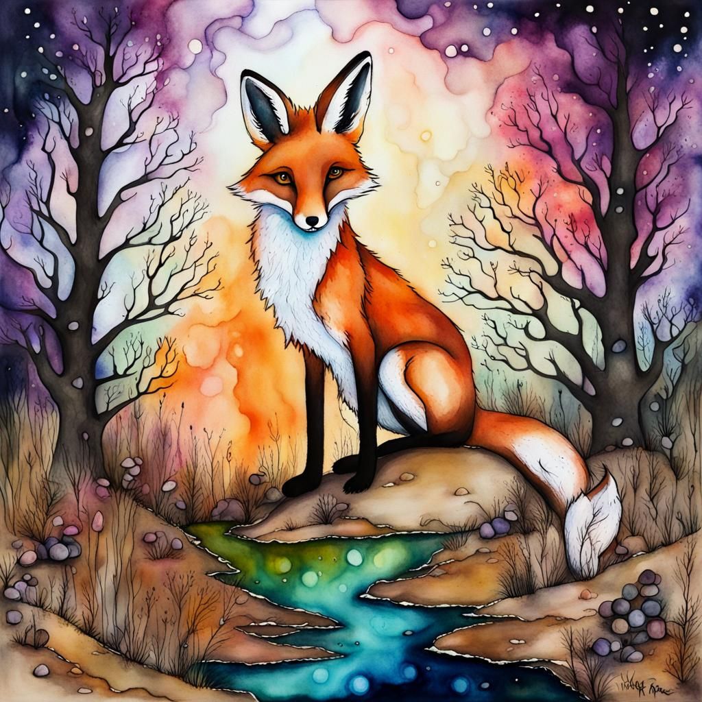 Fox and hare, alcohol ink, new ink painting, whimsical, occult  by @vixyna