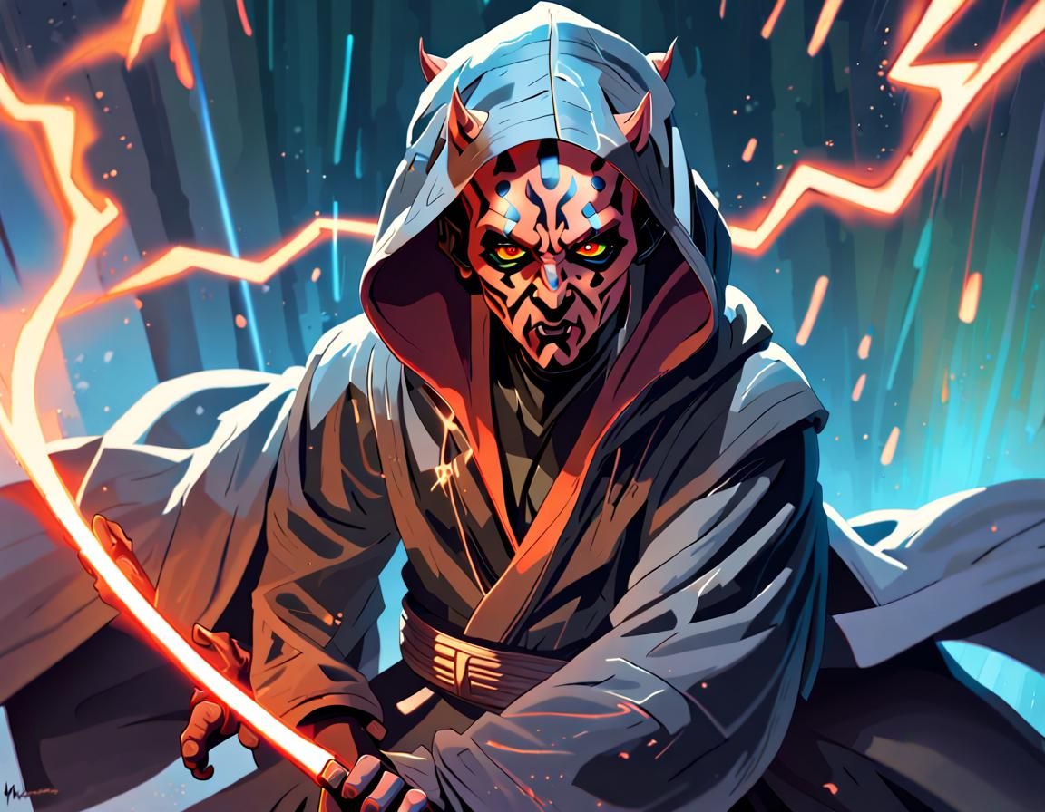 Weifu Darth Maul, hooded robe, dynamic blowing in the wind, orange Sith ...