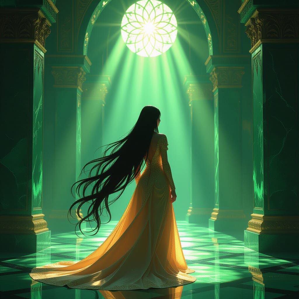 A beautiful women wearing modest long golden shimmary dress with extra long black hair in a megastic dark green stone palace where sun rays ...