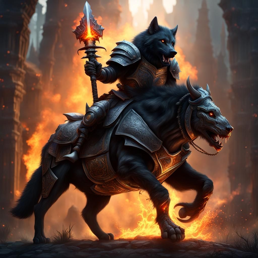 black wolf in knights armour with a radiant flaming sword in its hand ...