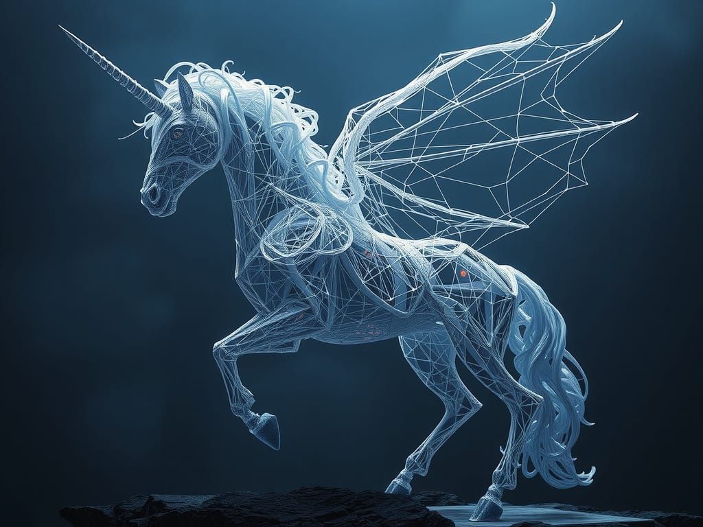 A unicorn made out of spiderweb.

8k resolution, masterpiece, intricate details
Trending on Artstation, Unreal Engine 5, volumetric lighting...