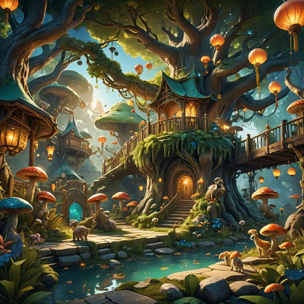 Lush Zoo with Fantastical Elements in Vibrant Fantasy Art