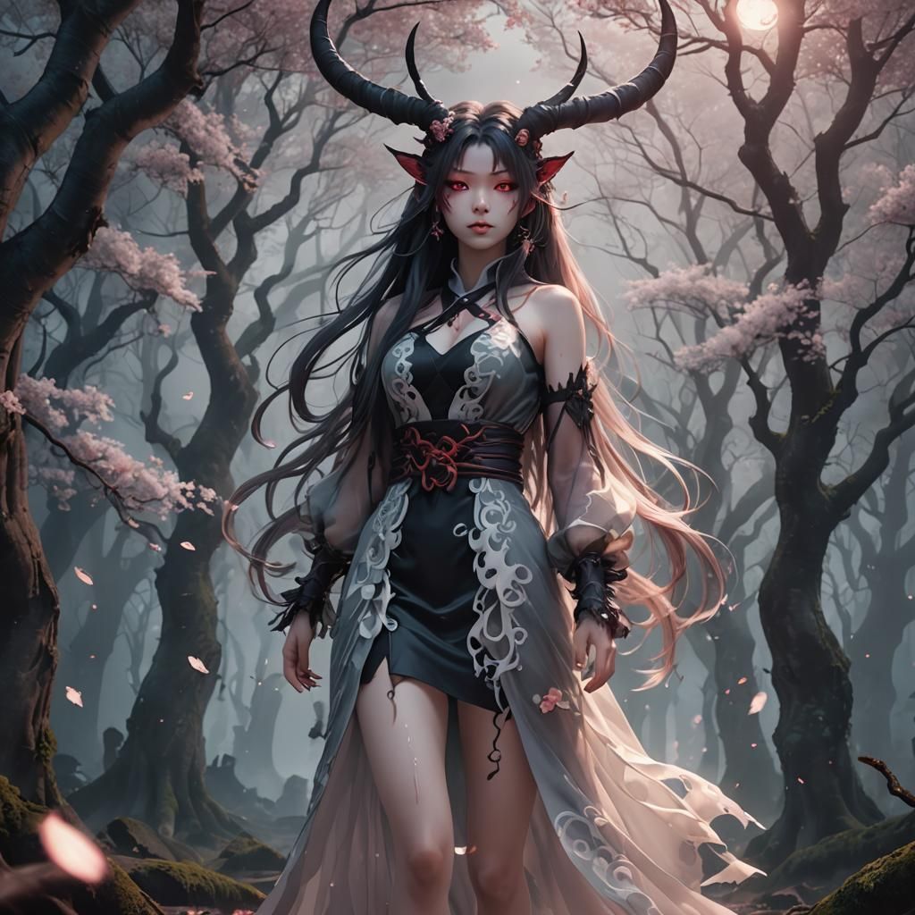 Ethereal Demon Girl in Misty Forest: Anime Art