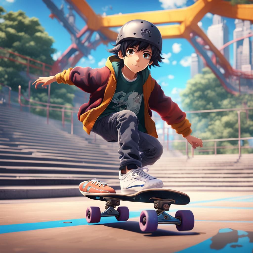 Anime Boy Skateboarding in Skate Park