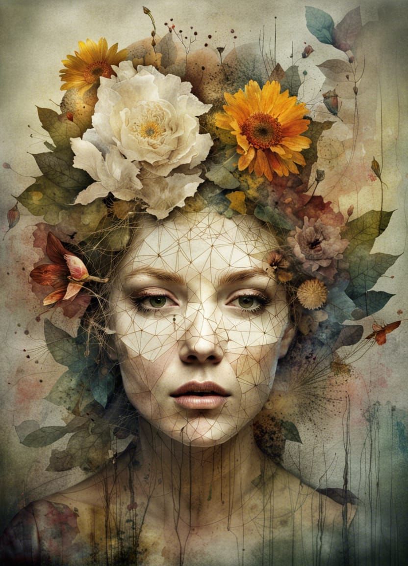 Woman created by transformation of Flowers and nature to geometric ...