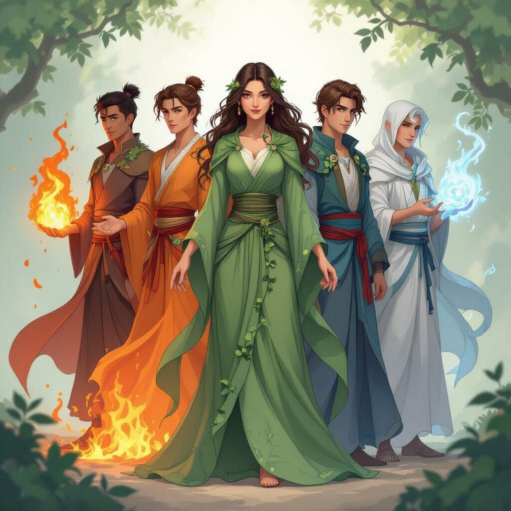 he book cover shows five 24-year-old characters standing together, each representing one of the five elements. At the center stands a young ...