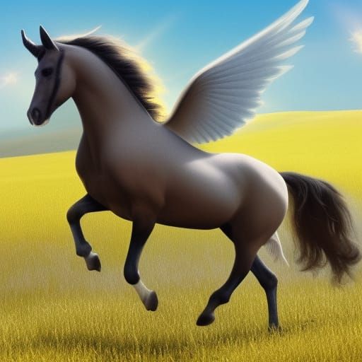 Winged horse prancing in a sunlit meadow.
