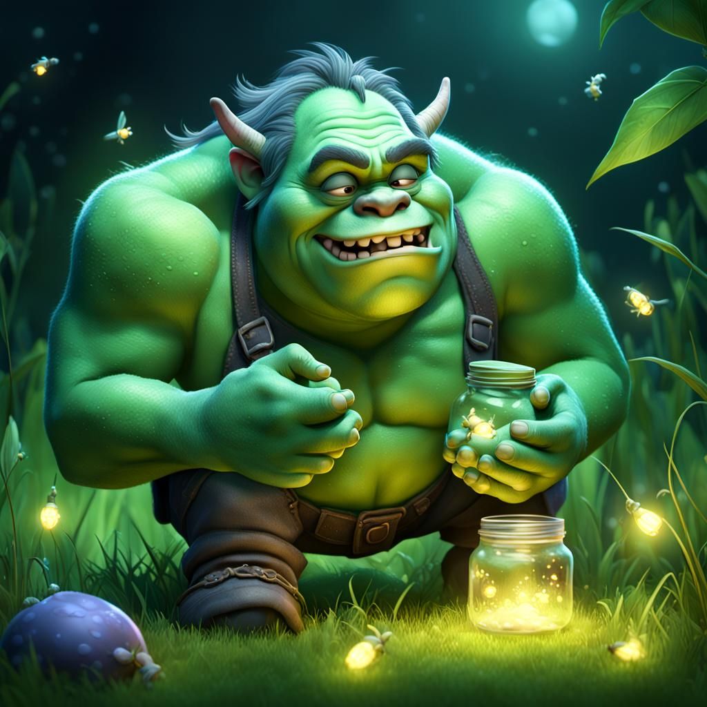 a sleepy ogre with a jar of fireflies in his arms, lying on ...