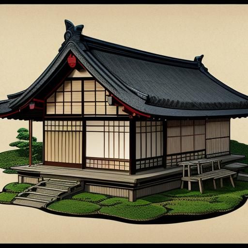 woodblock print of an an thatched-roof Japanese house - AI Generated ...