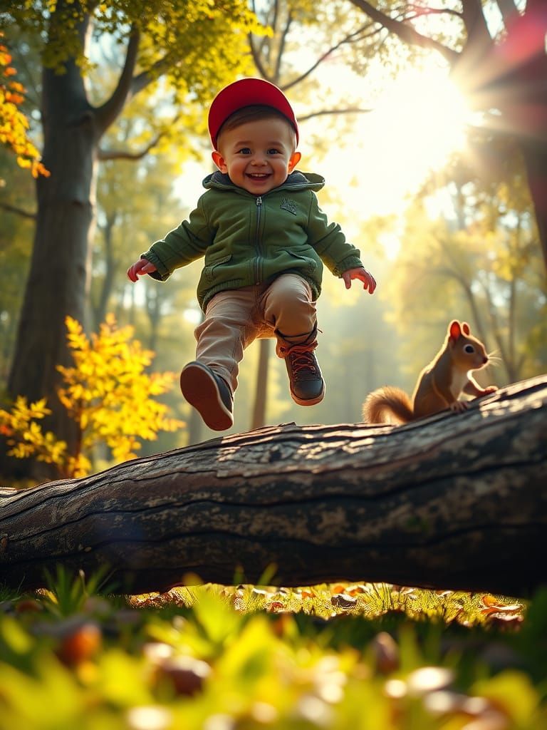 Low angle, dynamic scene: In a whimsical, vibrant forest, a small boy with a mischievous grin, dressed in a red cap and green jacket, leaps ...