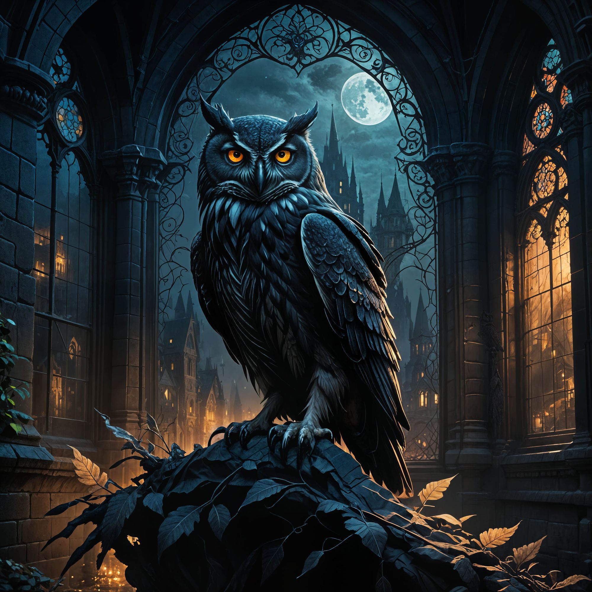 A majestic owl with iridescent feathers soaring through a bioluminescent forest, its wings outstretched in a graceful arc. The forest floor ... - Start Image 2